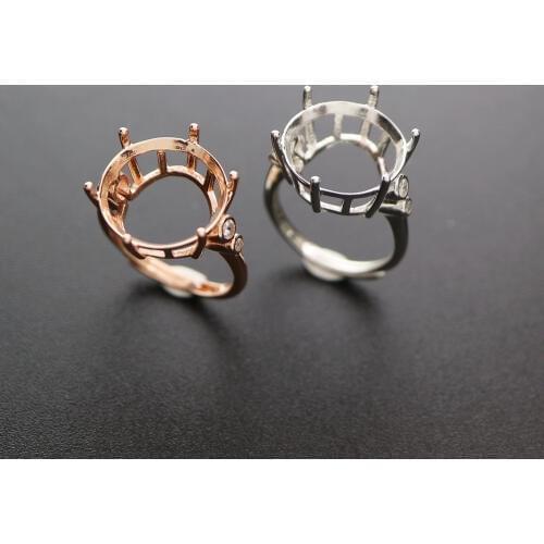 13-15MM round simple rose gold silver Gemstone CZ stone prong bezel solid 925 sterling silver adjustable ring settings 1210036