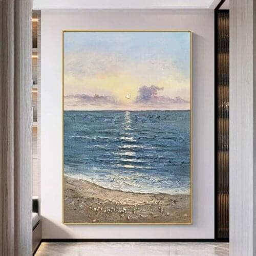 Beautiful Painting Of The Ocean Landscape Under The Blue Sky And White Clouds Modern Decorative Wall Picture For Home Unframed