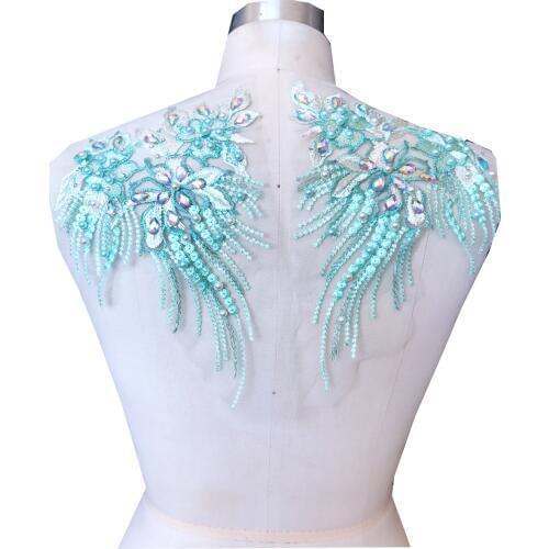 Sew on rhinestones lace applique light green trim patches for dress DIY accessories 24*18cm*2pcs
