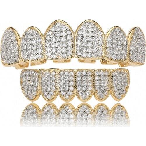 Iced Out Grillz Bling Hip Hop Teeth Grills Caps Cubic Zirconia Vampire Teeth Top & Bottom Dental Grills Rock Jewelry