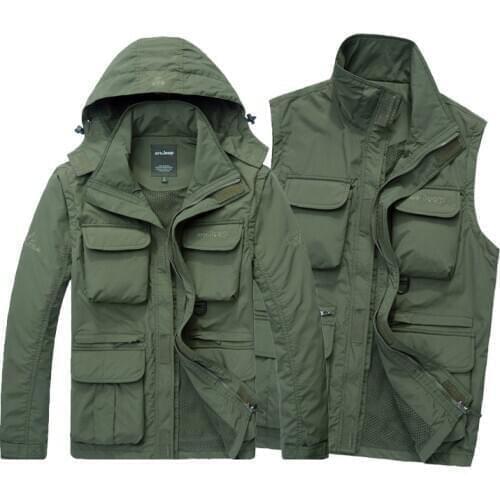 Men Tactical Jacket Autumn Quick Dry 2-in-1 Vest Military Army Coat Multi Pockets Hooded Windbreaker Waterproof Clothing 3XL 4XL