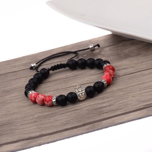 2020 Silver Color Lion Head Men Bracelet Natural Black&Red Imperial Stone Beads Braided Bracelet For Women Dropshipping ABK025