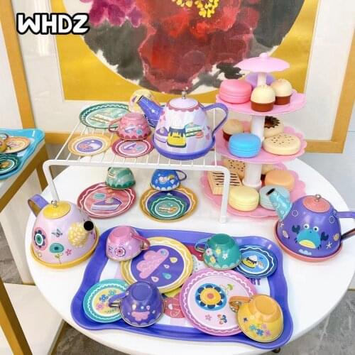 14pcs Childrens Play House Tea Set Toys Simulation Teapot Teacup Afternoon Tea Tinplate Kettle Set Of Kitchen Toys