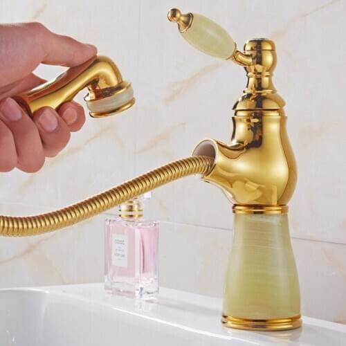 New Arrival Bathroom Gold Basin Faucet Gold finish Brass Mixer Tap with Ceramic Torneiras Para Banheiro With Jade Pull Faucet
