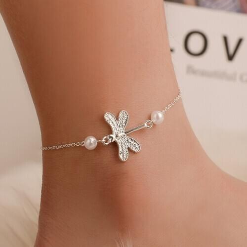 Silver Plated Animal Dragonfly Shaped Leaves Artifial Pearl Beach Foot Anklets Bracelets For Women