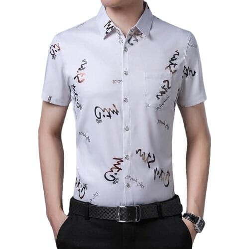 Dropshipping Cheap Men Fashion Letter Pattern Casual Slim Fit Short Sleeve Shirts