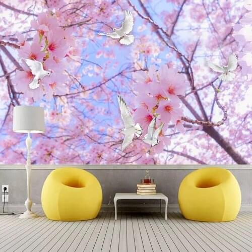 Custom 3D Self Adhesive Wallpaper Beautiful Romantic Pink Flower White Pigeon Sky Painting Living Room Bedroom Home Decor Murals