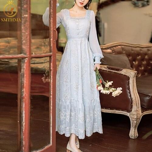 SMTHMA 2021 New Spring Girl Mesh Embroidery Flowers Long Sleeve Dress Womens Square Collar Casual Party Dresses Vestido
