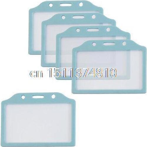 Light Blue Clear Plastic Horizontal Business Working ID Badge Card Holder 5PCS