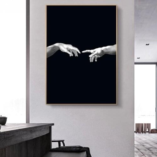 Creation of Adam Creativity Canvas Paintings Hand To Hnad on Black Ground Posters and Prints Wall Pictures for Living Room Decor