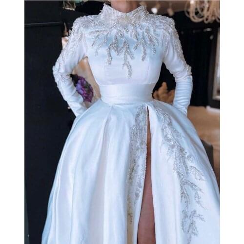 Vintage Robe De Mariee High Collar Beaded Pearls Heavily Long Sleeve High Slit A Line Wedding Dresses