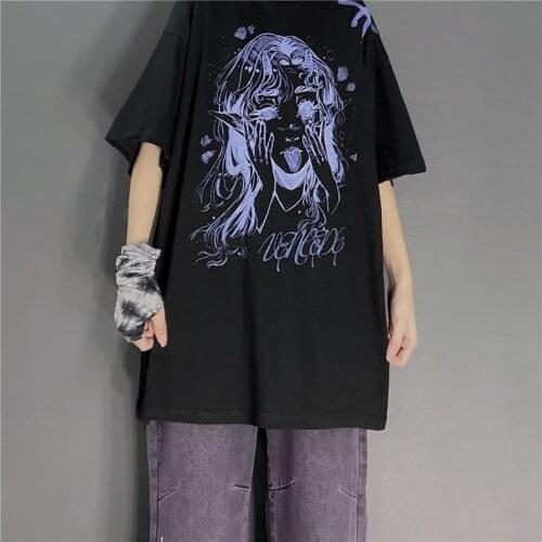 2021 spring and autumn new ins Harajuku style anime print top loose Short sleeve T-shirt female trend Oversized t-shirt female
