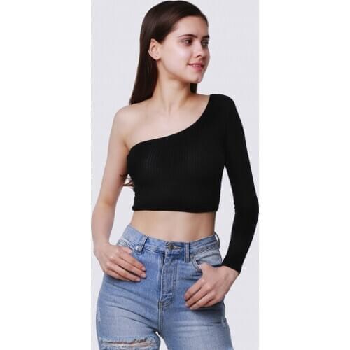 Summer 2019 New Cold Shoulder Camisole Tank Top Crop Top Women One Long Cleeve Tops Streetwear Short Casual Punk Cami Tees S-L