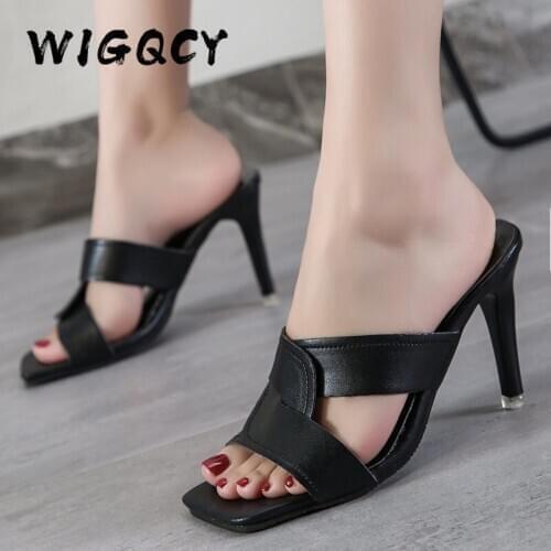 Women Slippers Elegant Square Toe Brand Design Thin High Heels Slippers Summer Shoes Outdoor Party Shoes Sexy Riband High Heels