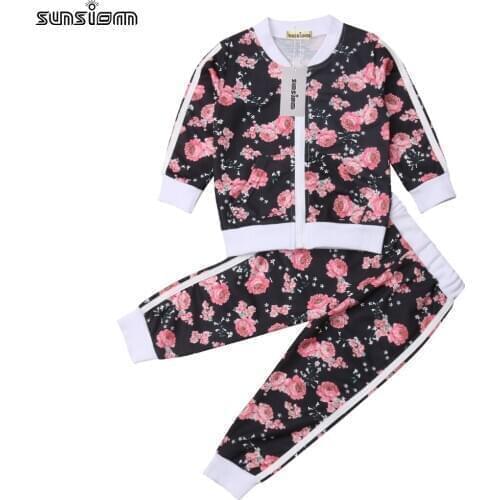 2-7 Years Kids Baby Girl Clothes Set Casual Floral Print Long Sleeve Sweatshirt Long Pants Outfits Autumn Tracksuit Clothing