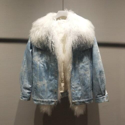 Women jacket down coat winter Mongolian wool collar thick warm cowboy clothing new fashion denim jackets Decorative pattern