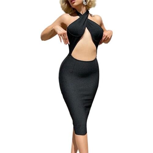 Sexy Women Hollow Out Halter Dress Solid Color Sleeveless Long Dress Summer Tight High Waist Bodyconparty Dress Streetwear