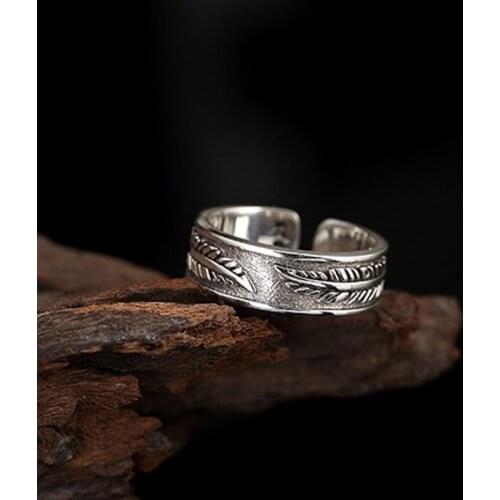 2019 New 100% S925 pure silver vintage Thai silver feather carving womans ring personality wild silver ring for female