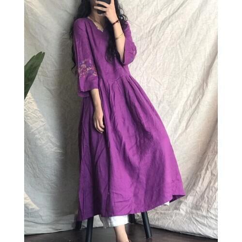 Women Loose Autumn Embroidered Linen Dress Ladies Vintage Embroidery Flax Dresses Female 2020 Dress