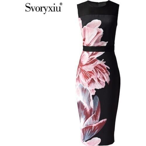 Svoryxiu Runway Summer Vintage Black Sleeveless Dresses Womens Elegant Flower Print Fashion High Waist Package Buttocks Dress
