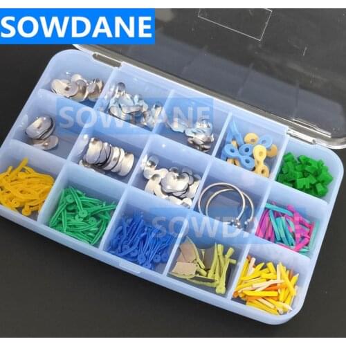 1 box Dental Metal Matrice set Matrix Ring Delta Dental Rubber Elastic Wedge Plastic Wooden Wedge Dental Materials