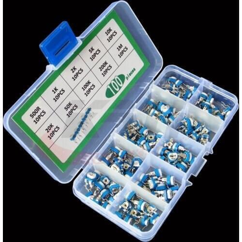 100pcs/Box RM065 Potentiometer Adjustable Resistor Kit 500 - 1M Ohm Multiturn Trimmer Potentiometer Set Variable Resistors Kit
