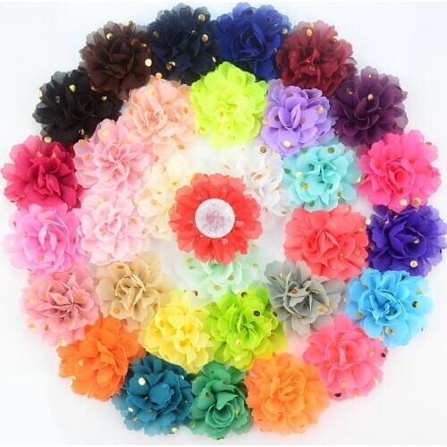 120 pcs/ lot , 7cm shabby chiffon flower headwear , gold dot chiffon flower for headband apparel hair accessories