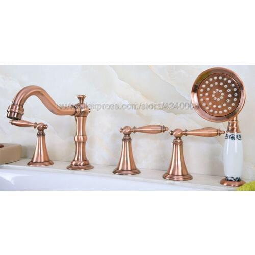 Antique Red Copper Widespread 5 Holes Roman Bathtub Faucet Tap Hand Shower Ktf220