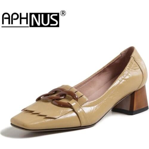 APHNUS Womens Shoes Chains Cow Leather Low Mid Heels Pumps Woman 2021 Shoes For Women New Square Toe