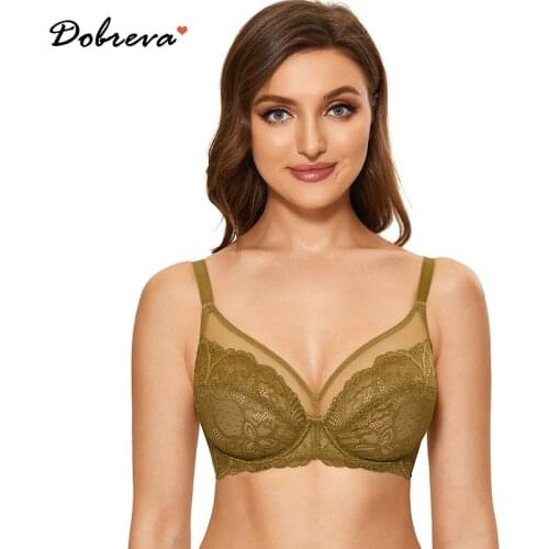 DOBREVA Full Coverage Plus Size See Through Bralette For Women Unlined Minimizer Lace Bra With Underwire A-F Cup