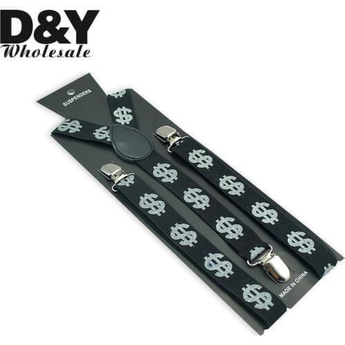 Men Women Unisex Clip-on Braces Elastic Suspender For Trousers Pants Holder 1inch "Shiny DOLLAR" Y-back Suspenders Gallus Straps