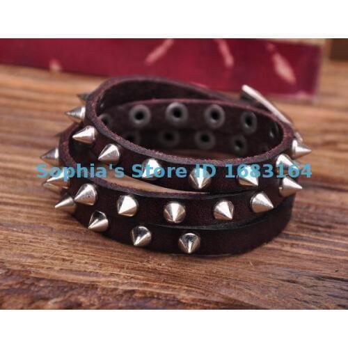 G119 Brown Rock R&B Sharp Studs Triple Wrap Leather Wristband Bracelet Cuff Mens