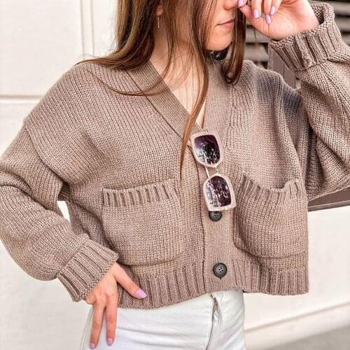 XIKOM 2021 Women Brown V Neck Long Sleeve Loose Fitting Knitted Cardigan Female Vintage Office Lady Short Sweater
