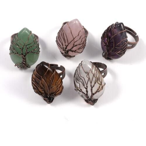 Kraft-beads Copper Wire Wrap Amethysts Stone Water Drop Resizable Ring Green Aventurine Jewelry
