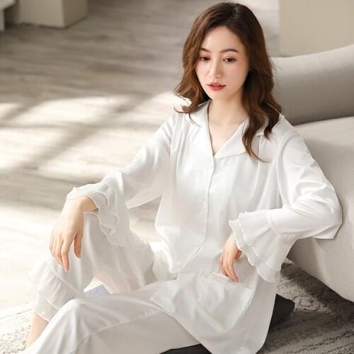 Summer Pink Pyjamas Femme Satin Pajamas Women White Sleepwear Thin Nightwear Silky Pijama Women Lotus-Sleeves Home Clothes