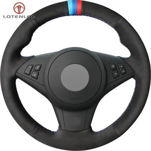 LQTENLEO Black Suede DIY Hand Car Steering Wheel Cover for BMW M5 E60 E61 (Touring) 2005-2010 M6 E63 (Coupe) E64 2005-2010