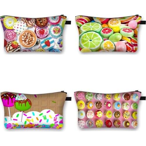 Ice Cream Donuts Candy Print Cosmetic Bag Women Canvas Makeup for Travel Large Capacity Ladies Bags