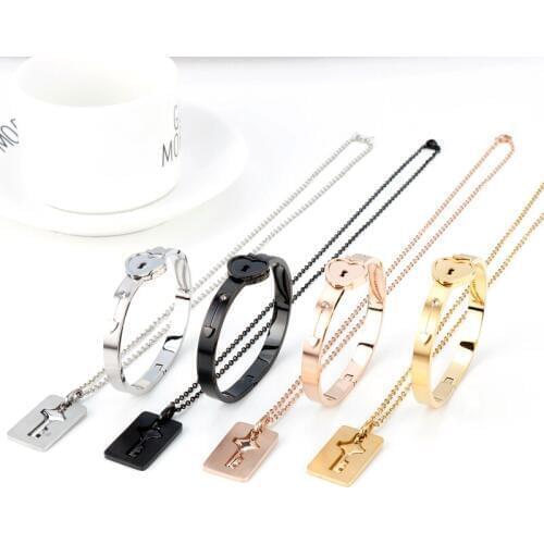 Hot A Set Love Heart Lock Key Couple Choker Necklaces Bracelet For Women Men Lover Choker Stainless Steel Jewelry Love Accessory