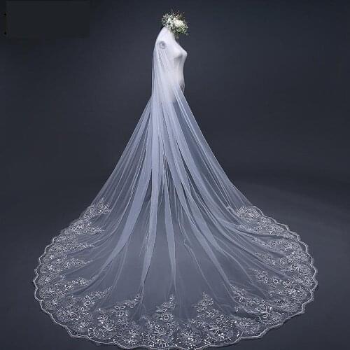 Pure White 3m Bridal Long Cathedral Veil Lace Edge Appliqued One-layer Comb Veu De Noiva Mariee 2021 Length Customize C