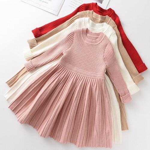 Autumn Winter Sweater Girls Dress 2021 New Long Sleeve Round Collar Solid Color Warm Knitted Children Dress Kids Clothes 2-6Y
