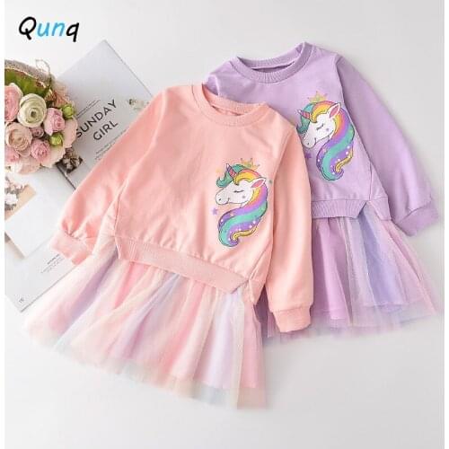 Girls Sweatshirt Dress Long Sleeve Spring Fall Kids Casual School Dresses for Girl Cartoon Horse Mesh Toddler Children Outfits