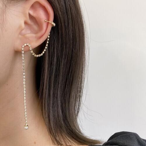 SRCOI Simple Vintage Rhinestone Long Section Tassel Pearl Ear Bone Clip Ear Cuff Earrings Women Ear Cuff Fashion Jewelry 2020
