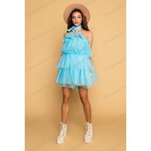 Sky Blue Strapless Tiered Ruffles Puffy Summer Dresses Ball Gown Custom Made High Street Womens Tulle Dress Girls Party Dress