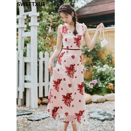 SWEETXUE Vintage French Temperament Dress Women High Waist A Line Vestidos V-Neck Robe Summer Sleeveless Embroidered Party Dress