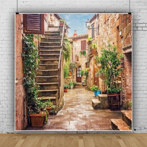 Old-Fashioned Building Stair Flowers Street Backdrop Family Room Decoration Photography Studio Photo Kid Custom Vinyl Background