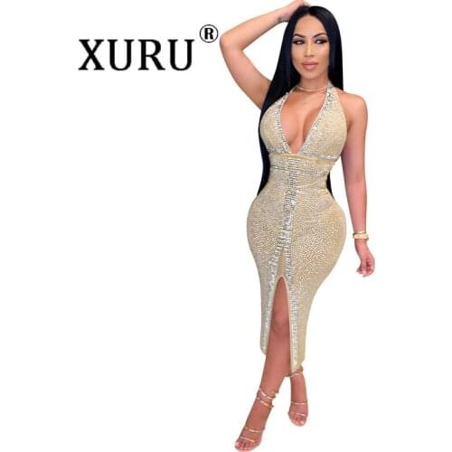 XURU Europe and The United States Hot New Product Hot Diamond Dress Sexy Nightclub Net Yarn See-through Womens Dress