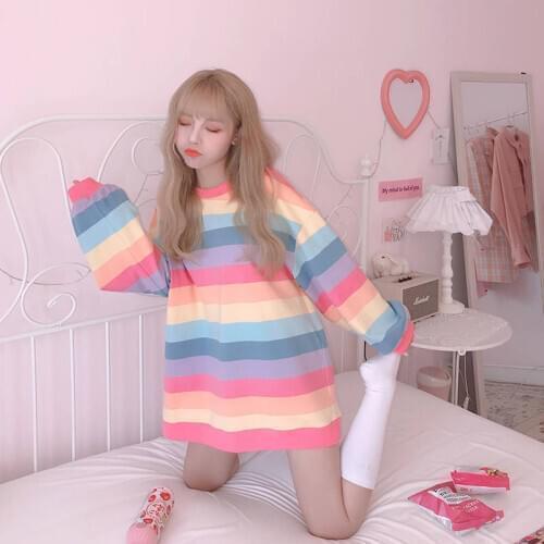 Autumn Ulzzang Chic Casual Long Sleeve Woman Striped T-Shirt Rainbow Female Cute Harajuku Oversized T Shirts Streetwear Women