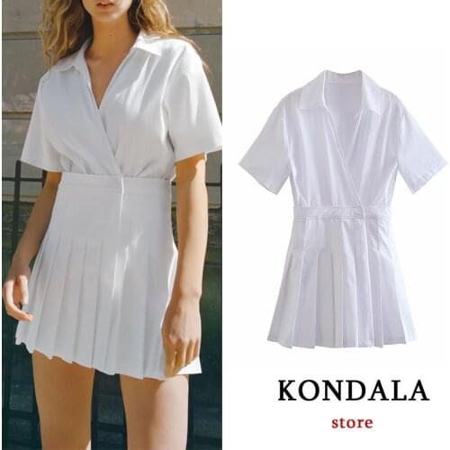 KONDALA Za Summer Women Jumpsuit Dress White Pleated V Neck Elegant Mini Dress Playsuits Female Short Sleeve Fashion 2021 Romper
