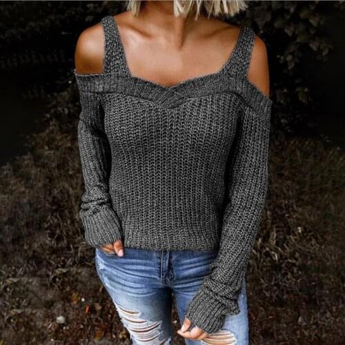 Sexy Off Shoulder Women Sweater Spaghetti Strap Long Sleeves V Neck Tops Knitted Pullover Spring Autumn New Female Sweater