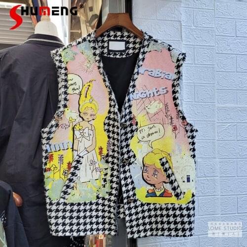 2021 Spring New Fashion Street Cartoon Pattern Houndstooth V-neck Vest Womens Loose Underwaist Tank Top Fashion